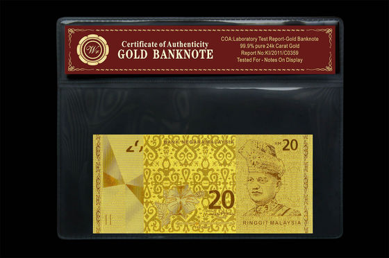 Malaysia 20 Ringgit Embossed trong 24 Karat tinh khiết Chủ Gói vàng tiền giấy nhựa
