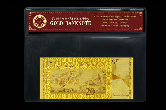 Malaysia 20 Ringgit Embossed trong 24 Karat tinh khiết Chủ Gói vàng tiền giấy nhựa